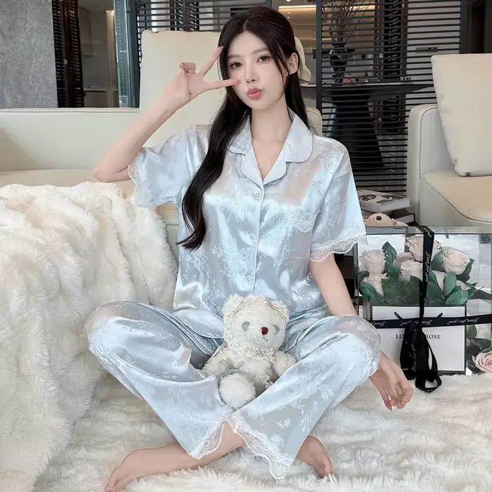 Nouvel ensemble de pyjama d'été en jacquard de soie glacée haut de gamme pour femme