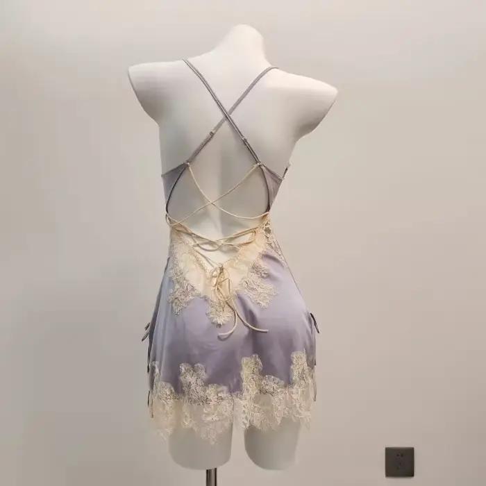 Pyjamas sexy pour femmes vêtements de nuit dentelle de soie glacée beau dos jarretelle pyjama robe