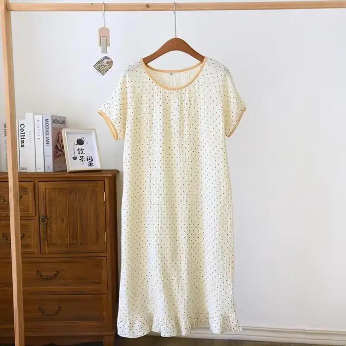Robe de nuit en coton fin à manches courtes pour femmes, pyjama d'été pour la maison, impression mignonne, nouveau