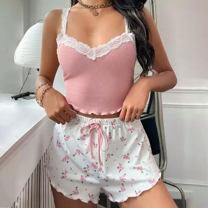 Pyjama pour femmes, ensemble de camisoles et shorts en dentelle