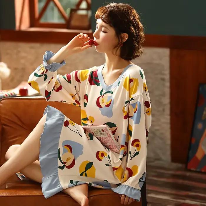 Mignon coréen filles chemises de nuit femmes à manches longues robe