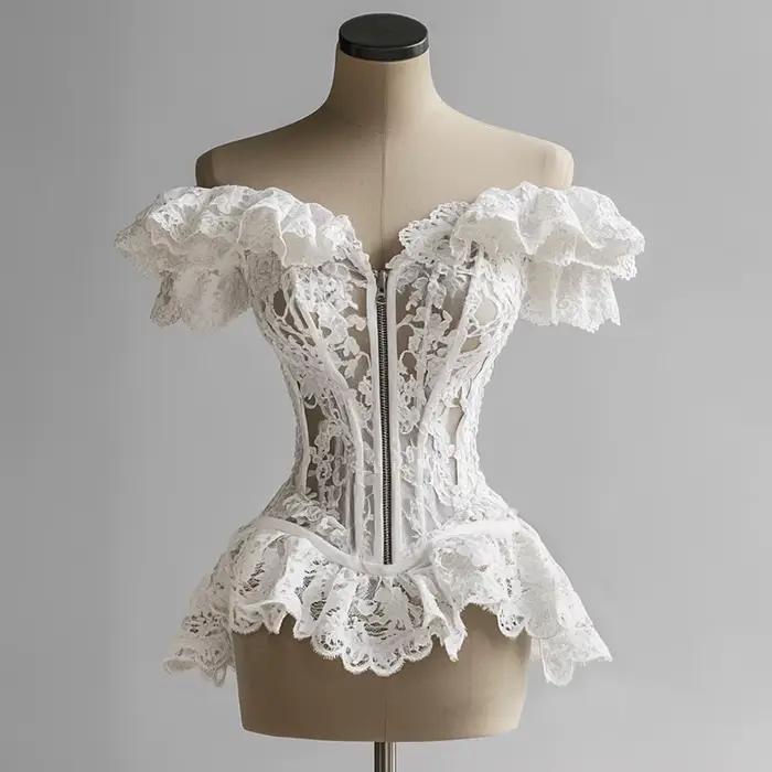 Corset français chemisier femme dentelle à volants épaules dénudées fermeture éclair bustiers Bustier surbuste taille