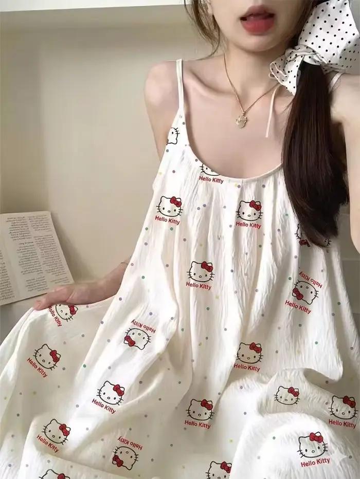 Robe de nuit mi-longue Hello Kitty pour femme avec soutien-gorge intégré