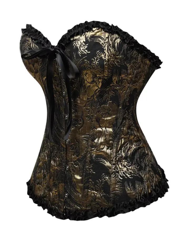 Corset bustier noir et or jacquard sans bretelles avec volants et laçage au dos, cincher de taille à baleines pour femme