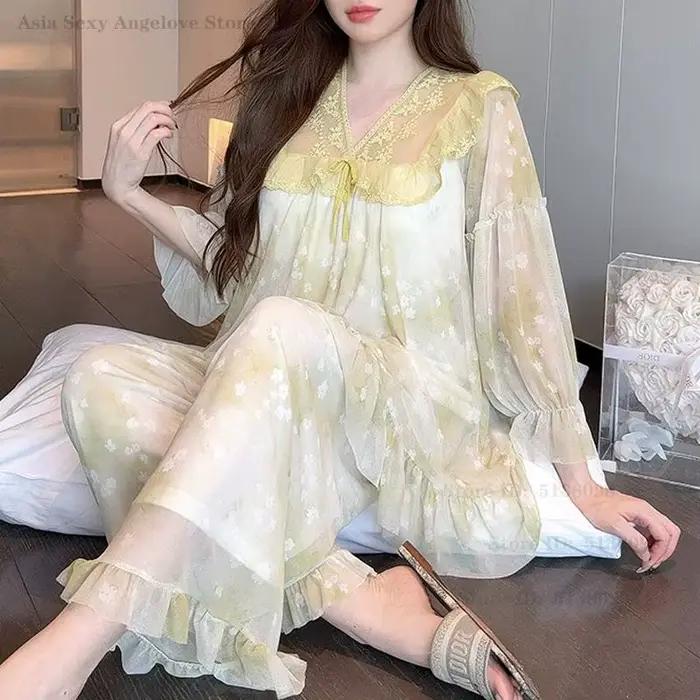 Nouveau doux maille pyjamas ensemble Sexy dentelle princesse Style vêtements de nuit décontracté imprimé