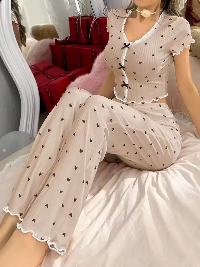 Ensemble de pyjama pour femmes à imprimé cœur