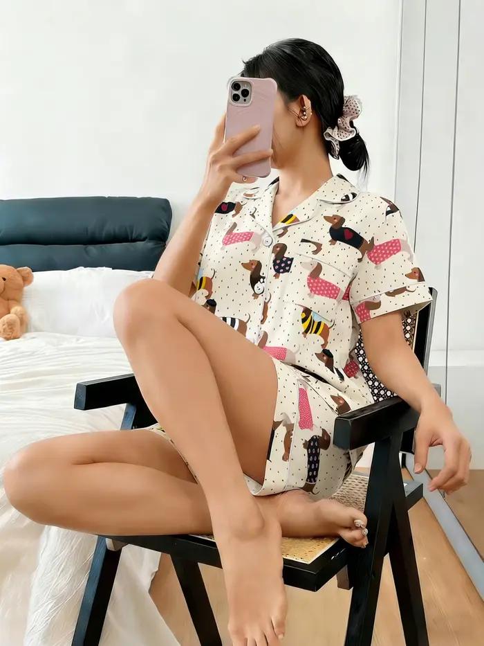 Pyjama femme 2 pièces avec cardigan à revers et short à manches courtes