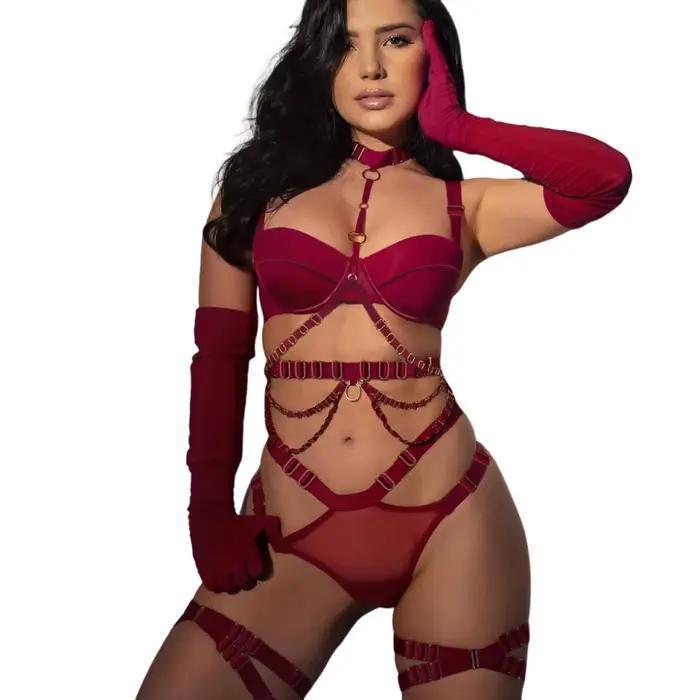 Ensemble de lingerie MUZISKAT sexy en polyester et élasthanne pour femmes, soutien-gorge plongeur avec armatures, culotte, ensemble de 5 pièces en couleur burgundy pour occasions spéciales