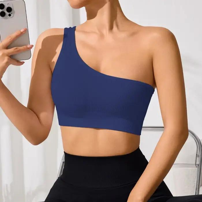 WANAYOU Soutien-gorge de yoga asymétrique à une épaule, sans couture, côtelé, coupe ajustée, pour le sport et l'entraînement en salle de sport, sans rembourrage, séchage rapide