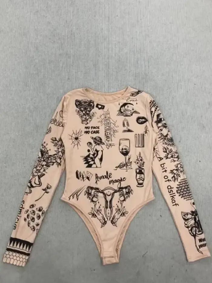 Body à manches longues imprimé tatouage nude pour femme, coupe ajustée Y2K