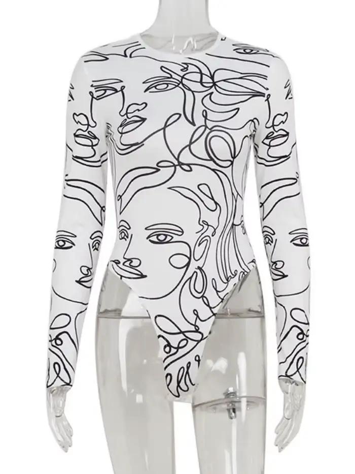 Mode impression Body à manches longues corps Feminino col rond Lingerie Sexy hauts femmes Streetwear moulante Bustier Lenceria Femenina