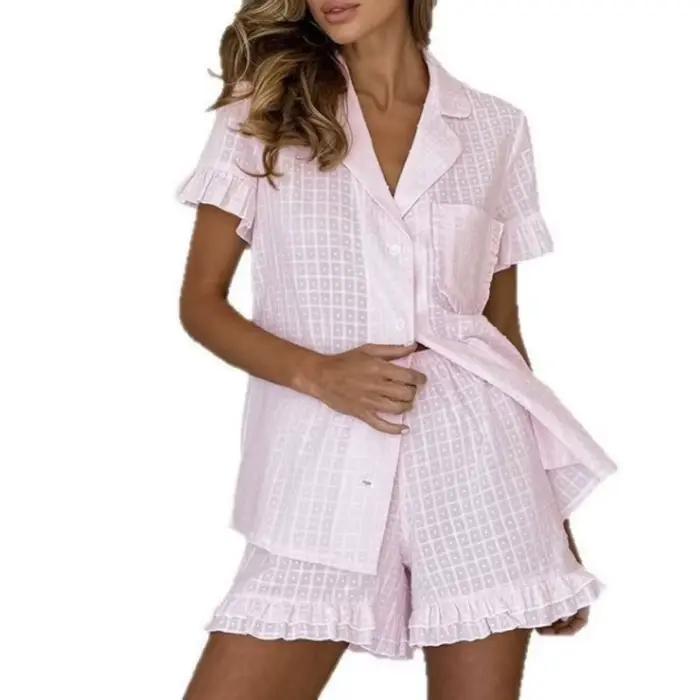 Ensemble pyjama deux pièces en coton jacquard à carreaux roses avec short à volants