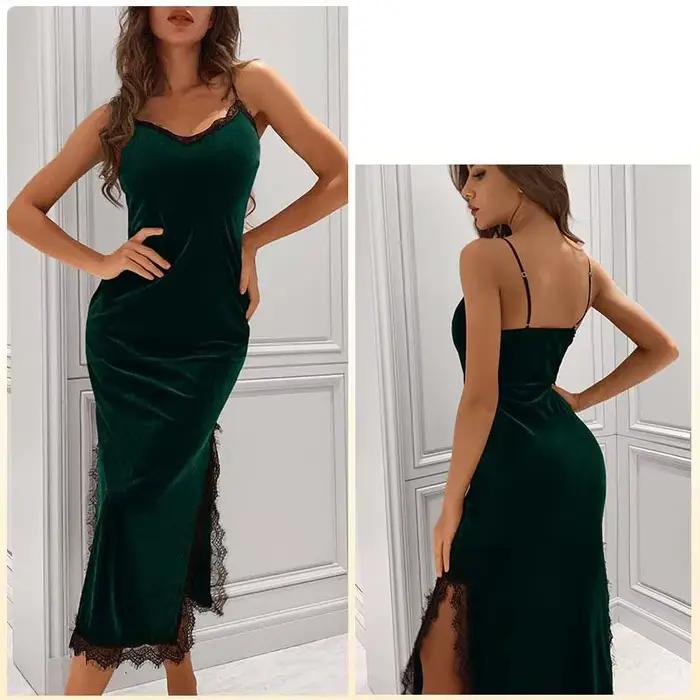 Chemise de nuit pour femme en velours doré avec dentelle sans manches pour nuits romantiques et soirs de printemps