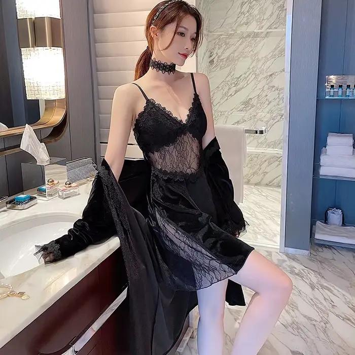 Pyjama sexy en velours pour femme – Robe d'hiver et d'automne à manches longues et chemise de nuit à bretelles en