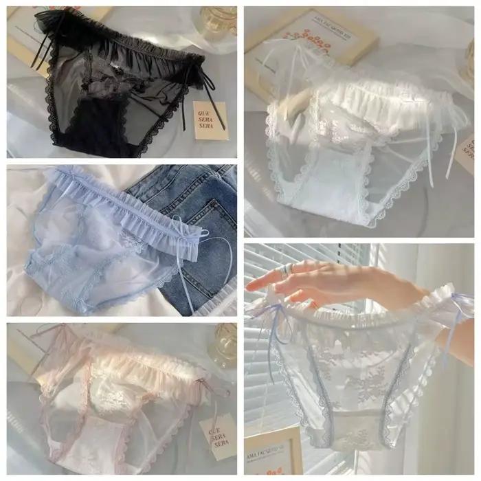 Culotte en dentelle taille mi-haute transparente avec nœud en maille et volants pour femme