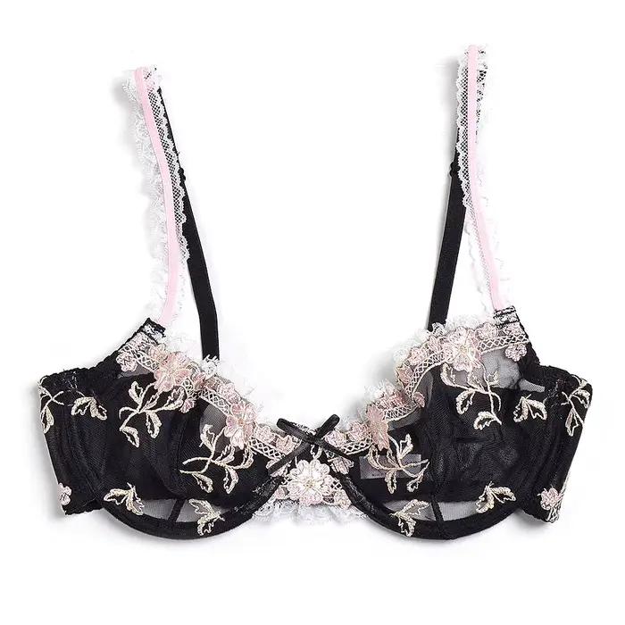 Soutien-gorge en dentelle transparente sexy pour femmes grande taille broderie fleur polyester élasthanne occassions spéciales romantiques