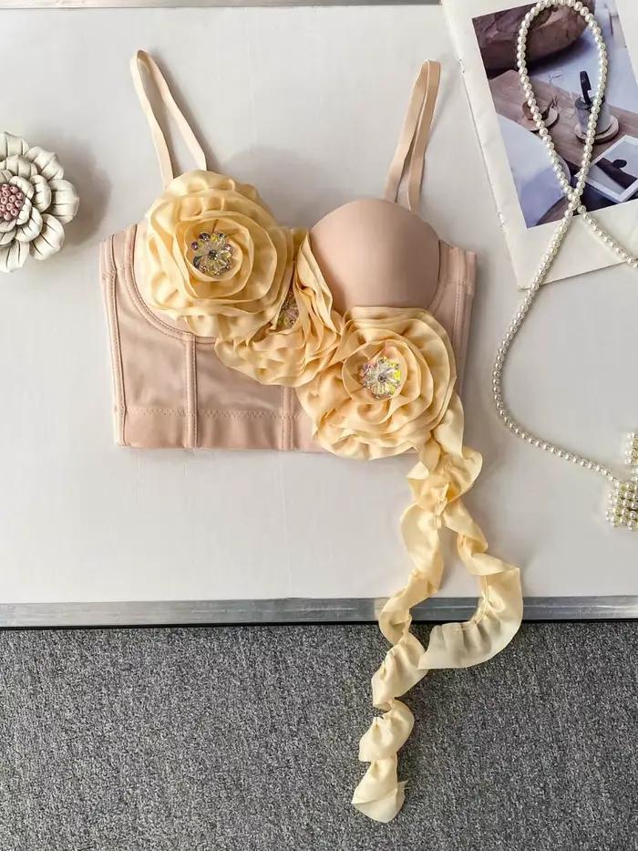 Foamlina européen lourd embelli 3D Floral licou soutien-gorge haut femmes 2025 nouveau ruban fluide arête de poisson