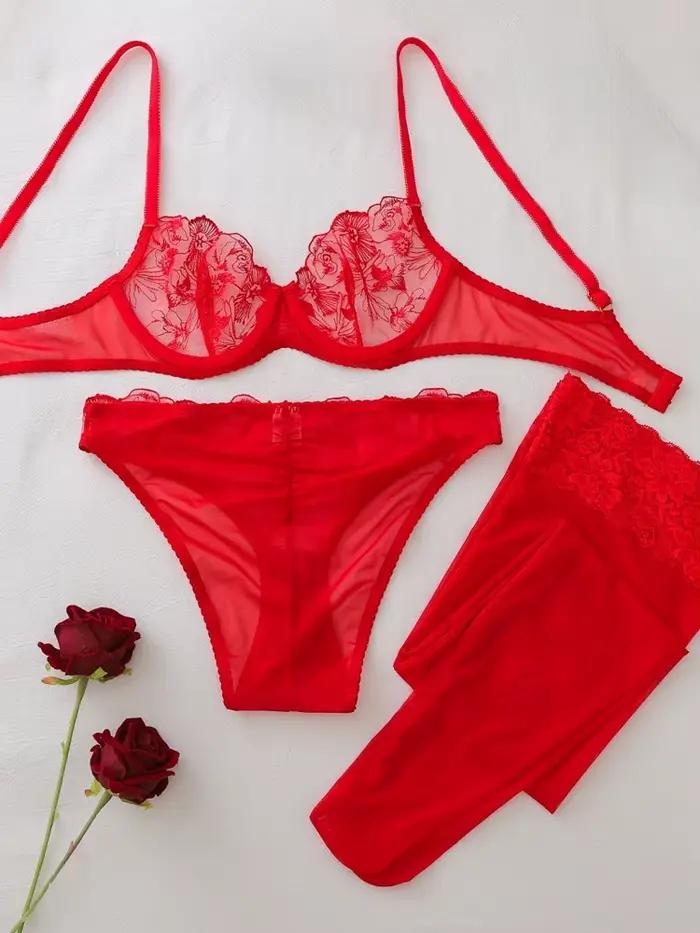 Ensemble de lingerie sexy 3 pièces en maille transparente brodée de luxe Belamimi avec bas