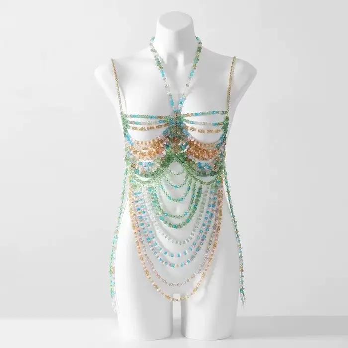 Bustier perlé pour femme, haut de bikini, vêtement de plage, lingerie, style club et rave, avec col en perles imposant
