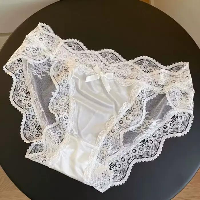 Culottes en dentelle translucide pour femmes, avec nœud, taille haute, confortables, sexy, avec entrejambe en coton, pour le printemps