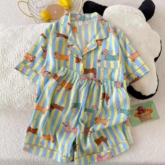 Pyjama Kawaii à rayures étoiles pour femmes imprimé chien col rabattu short polyester mode Y2K nouveau été doux mignon vêtements de maison occasions spéciales