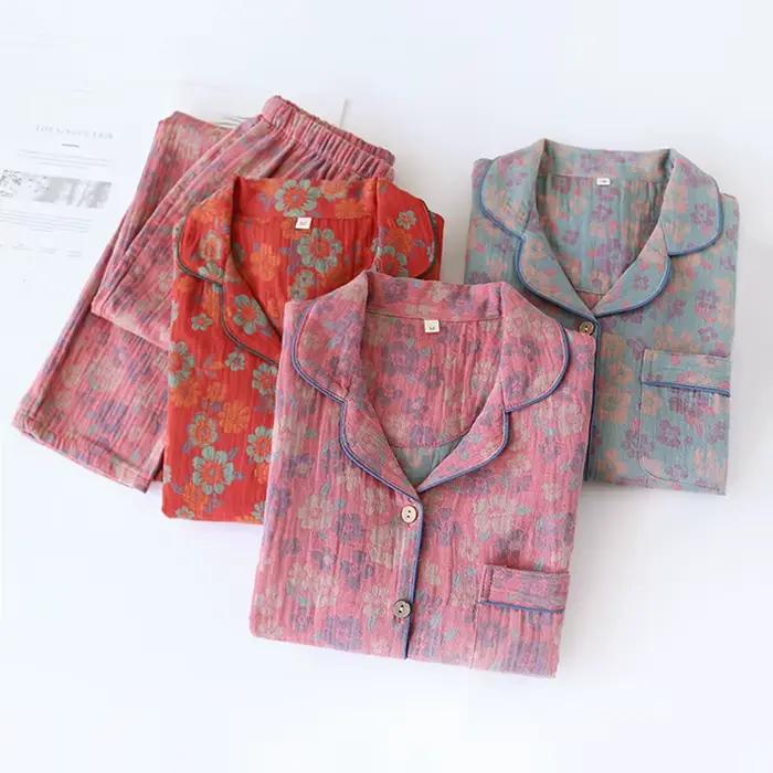 Pyjama Jacquard teint en fil pour femme, costume, pantalon à manches longues, 2 pièces, 100% coton, crêpe, vêtements de maison, automne/hiver 2025