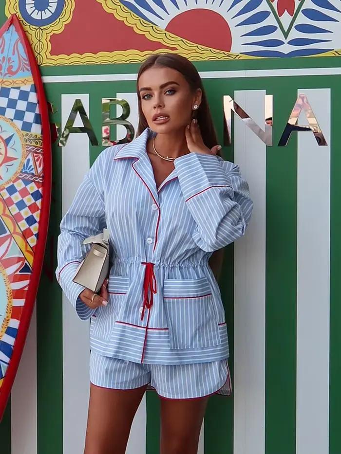 Marthaqiqi Ensemble pyjama rayé pour femme col rabattu nuisette à manches longues Robe à lacets vêtements de nuit shorts chemises de nuit décontractées costumes
