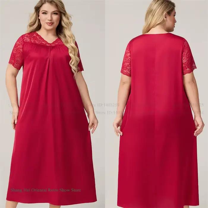 Grande taille 3XL 4XL 5XL chemise de nuit longue printemps été nouvelle femme vêtements de nuit vêtements de détente Sexy volants dentelle chemise de nuit glace soie Homewear
