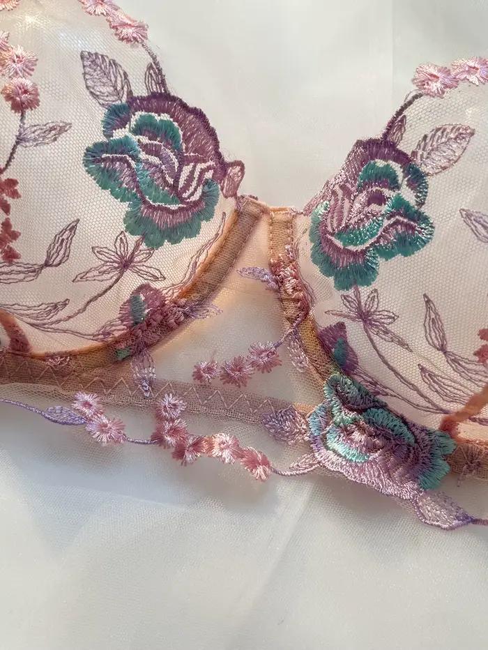 Ensemble soutien-gorge et culotte en dentelle rose pastel avec armatures en acier, pour femmes, motifs floraux, usage quotidien et occasions spéciales