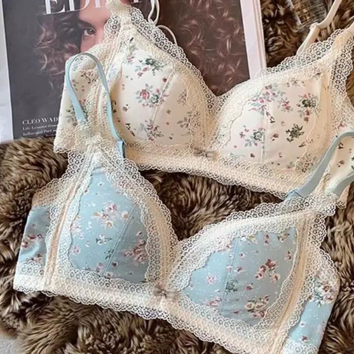 Soutien-gorge français Sexy en dentelle de gaze brodée, sans éponge, petits seins froncés, anneau en acier doux, Style pur désir