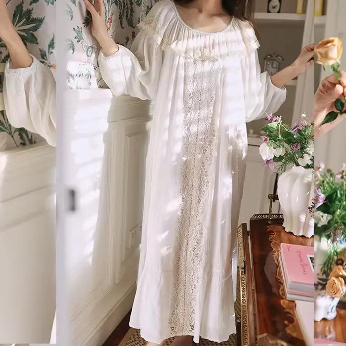 Fée française ample romantique dentelle chemise de nuit femmes longue blanc rétro palais Vintage