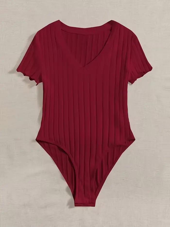 Combinaison en tricot côtelé chic pour femmes |   Haut à col en V et manches courtes |   Différentes couleurs disponibles pour l'été décontracté