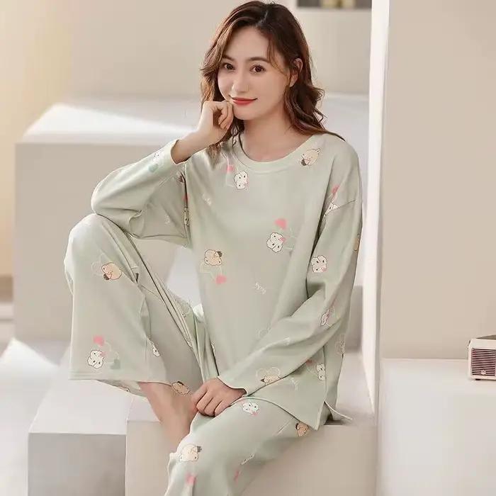 Pyjama deux pièces décontracté pour femme, ensemble de nuit confortable, vêtements de détente, coton polyester élasthanne, motifs floraux et géométriques, automne hiver