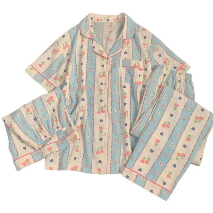 Nouvelle collection printemps/été : pyjamas à rayures de style campagnard pour femmes – ensemble trois pièces à manches courtes pour se détendre à la maison