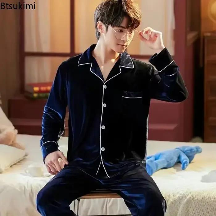 Ensembles de pyjama en velours pour hommes, taille plus 5XL, automne-hiver, hauts et pantalons chauds, vêtements de maison, pyjama en velours doré pour hommes, ensembles 2 pièces