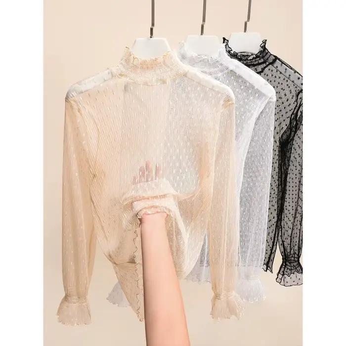 Chemise à col haut en maille transparente Bella Philosophy pour femmes, été, fine, transparente, basique, dentelle, manches longues évasées