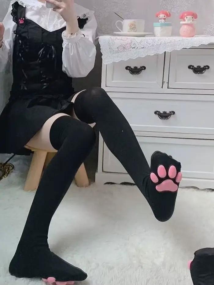 Chaussettes hautes pour femmes, bas Harajuku, sous-vêtements, bas à griffes de chat 3D, chaussettes hautes, bas de compression sexy