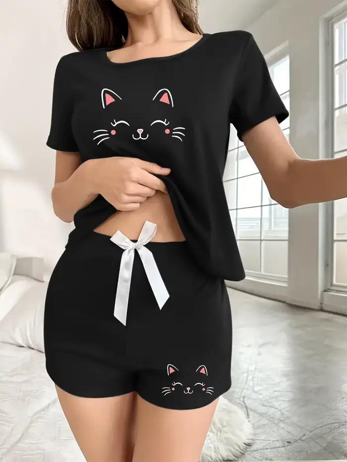 Ensemble pyjama imprimé chat de dessin animé pour femme