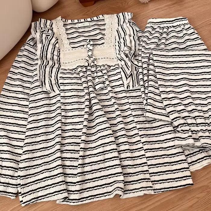Mode rayé pyjamas pour femmes coussin de poitrine à manches longues haut pantalon costume décontracté dormir maison vêtements coton robe de nuit femme
