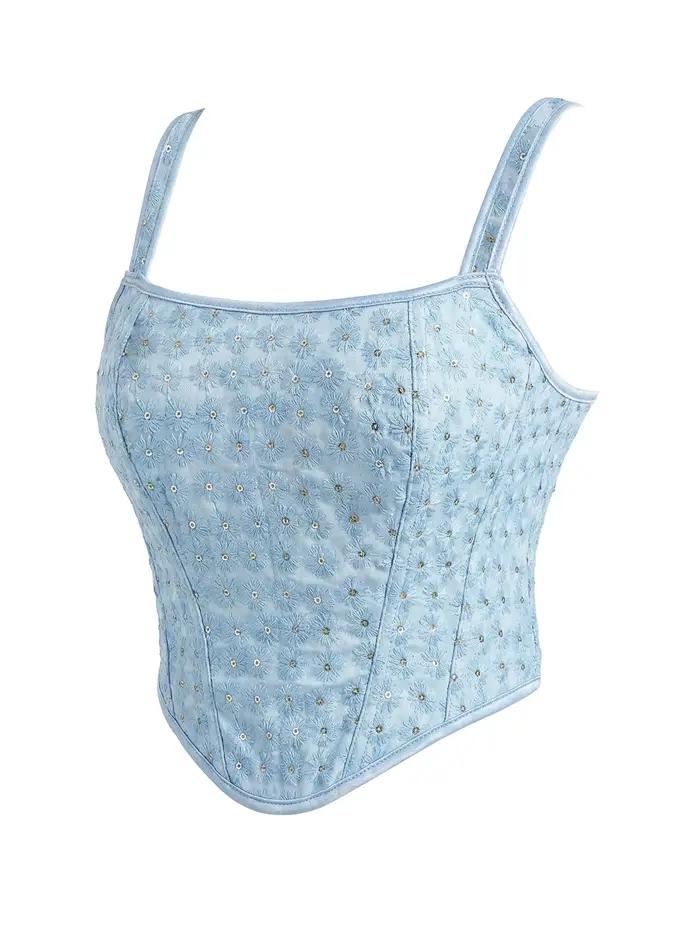 Corset moulant sexy bleu pâle à double bretelle brodé pour sculpter le corps et sublimer la silhouette