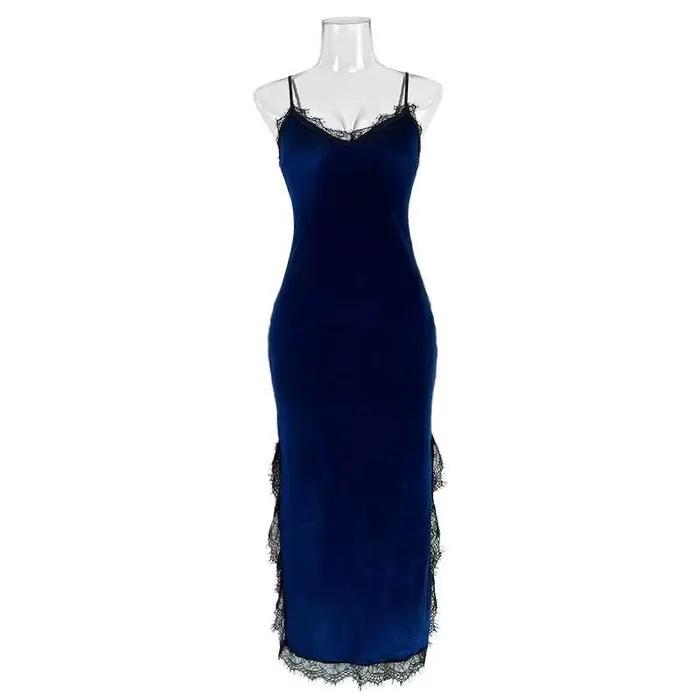 Chemise de nuit pour femme en velours doré avec dentelle sans manches pour nuits romantiques et soirs de printemps