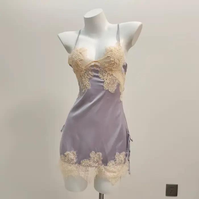 InjNightgScottsdale-Pyjama sexy en dentelle, chemise de nuit en V profond, petite poitrine creuse, robe de pyjama à licou, vêtements de maison, pur désir, haute qualité