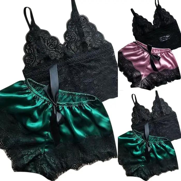 2 pièces femmes déshabillé en dentelle Lingerie hauts ensemble short et haut nuisette pyjamas décontractés vêtements de nuit