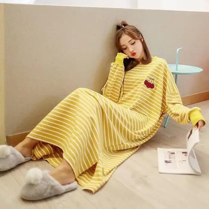 Chemise de nuit femme M-5XL automne manches longues rinçage longueur rayé Preppy mn adolescents Kawaii loisirs vêtements