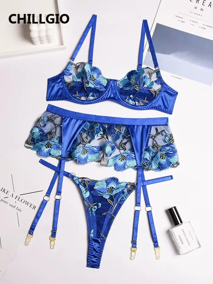 CHILLGIO femmes broderie florale dentelle soutien-gorge bref costumes mode 3 pièces érotique intime Lingerie Push Up à armatures ensembles de sous-vêtements