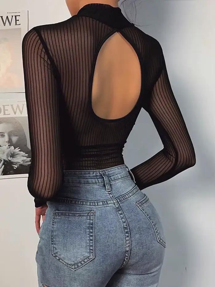 2025 printemps nouveau transfrontalier Sexy Bareback discothèque maille fond Transparent combinaison pour le commerce extérieur