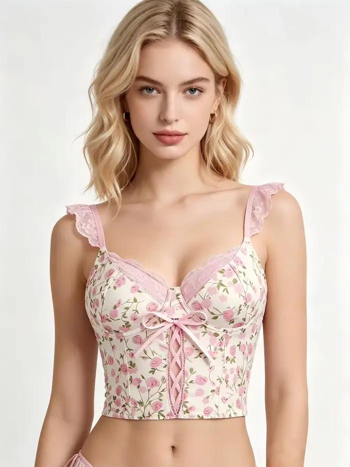 Haut corset à imprimé floral rose doux pour femme – Bustier court avec détail de nœud en dentelle