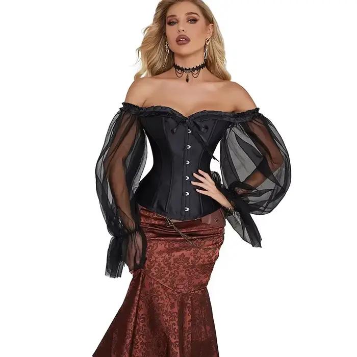 Femmes hors épaule haut Corset gothique Sexy surbuste Corsets gaine amincissante noir transparent à manches longues Bustier hauts Korset Basques