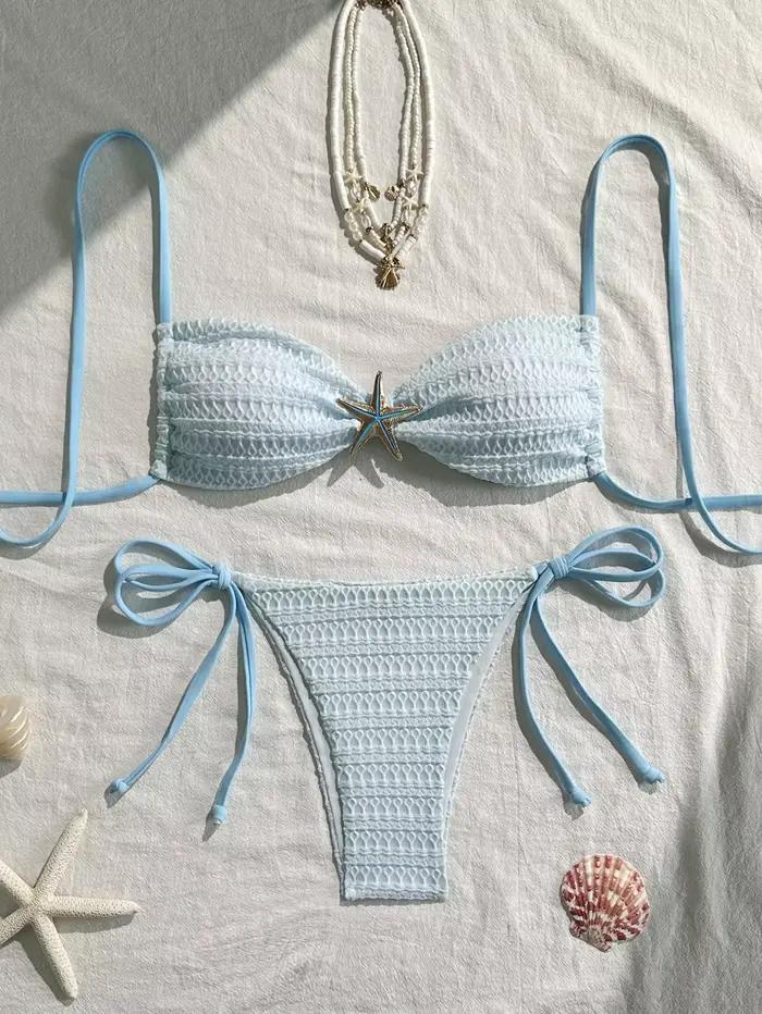 Sexy bleu ciel Micro Bikini 2026 femmes métal étoile de mer ornement plissé Push Up cravate côté string maillot de bain
