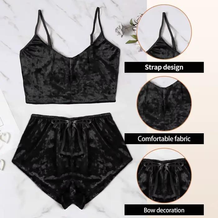 Ensemble de vêtements de nuit à bretelles Sexy pour femmes, ensemble deux pièces en velours noir et doré, ensemble de vêtements de nuit pour la maison